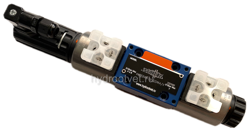 4WRE6E1-32-2X/G24K4/V - Пропорциональный распределитель с обратной связью по положению золотника без встроенной электроники Ду6, номинальный расход 32 л/мин, схема E1-