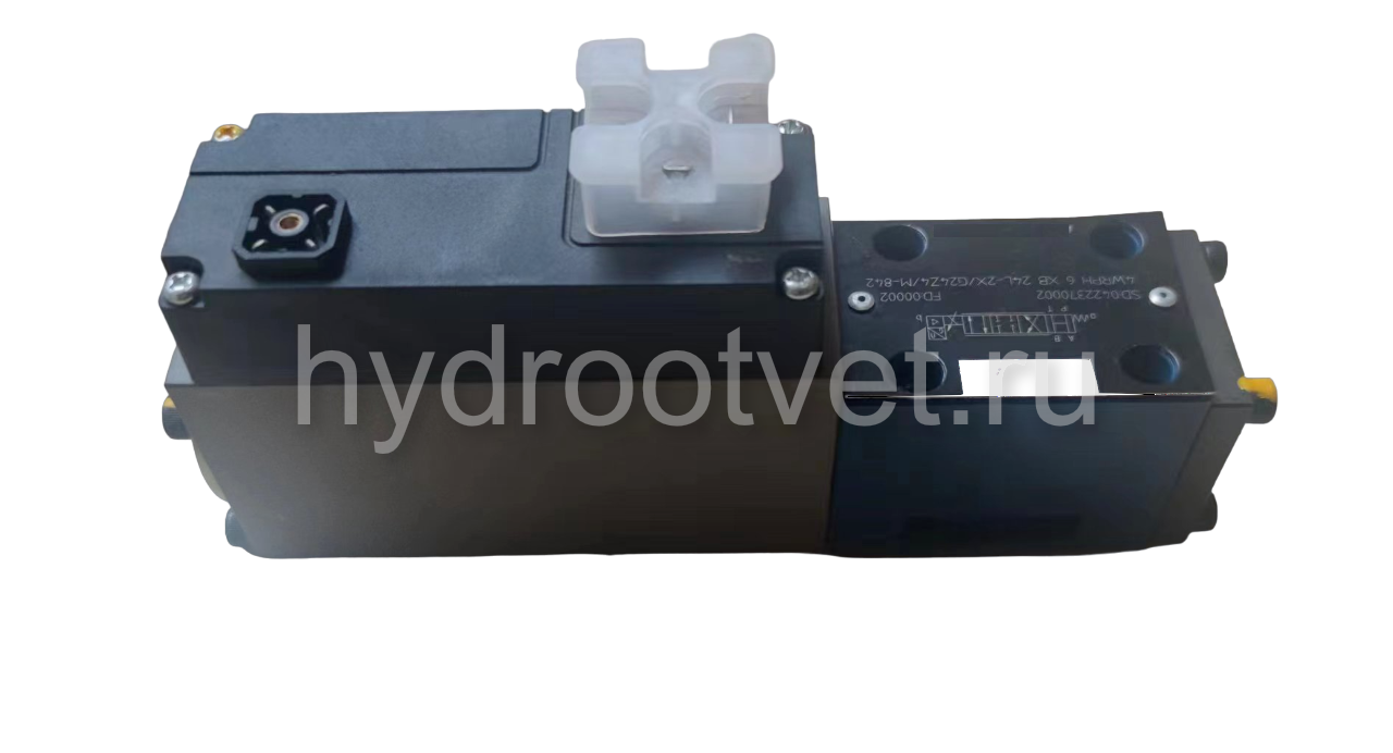 4WRPH6C4B24L–2X/G24Z4/M - Сервораспределитель Ду6 с обратной связью по положению золотника без усилителя, номинальный расход 24 л/мин, характеристика L - линейная, схема C4