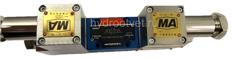 G1-GD-4WE6J-60S/B127N9/V - Гидрораспределитель во взрывобезопасном исполнении I группа золотниковый Ду 6 с электроуправлением G24, схема J (34), возврат - пружинный