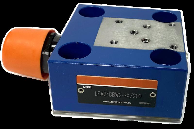 LFA25DBW2-7X/200 - Крышка для логического клапана, типоразмер Ду25 функционал - DBW2 = крышка с предохранительным клапаном с ручной настройкой с функцией разгрузки, под установку распределителя Ду6, два выхода X и Y, элемент регулировки - винт под шестигр