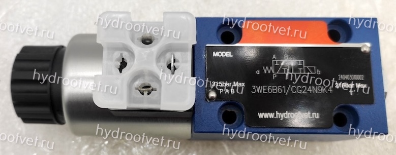 3WE6B61/CG24N9K4 - Гидрораспределитель золотниковый Ду 6 с электроуправлением, схема B (573Е), электроуправление G24, возврат - пружинный
