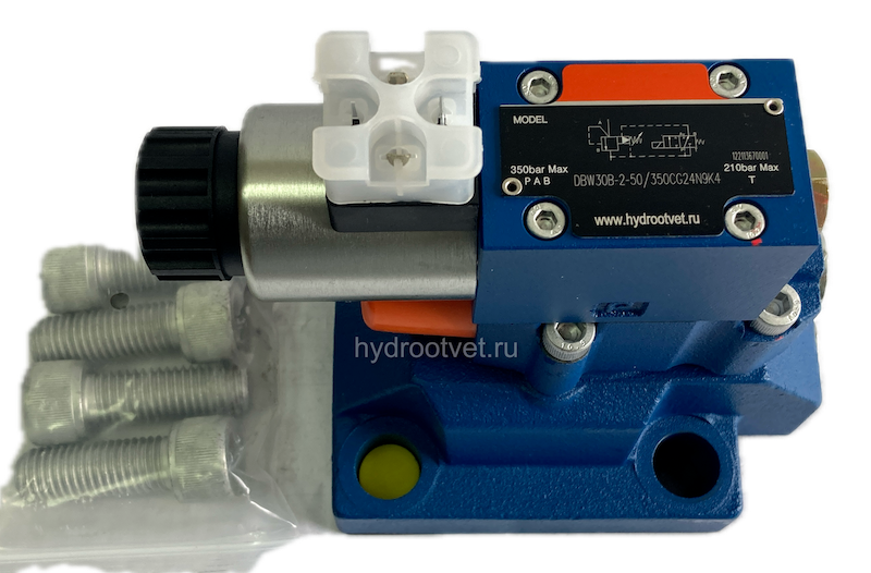 DBW30B1-5X/315CW220-50N9K4 - Предохранительный клапан Ду32 с давлением настройки до 315 бар, управление - X и Y - внутренние с разгрузкой B = открыт с электроуправлением W220