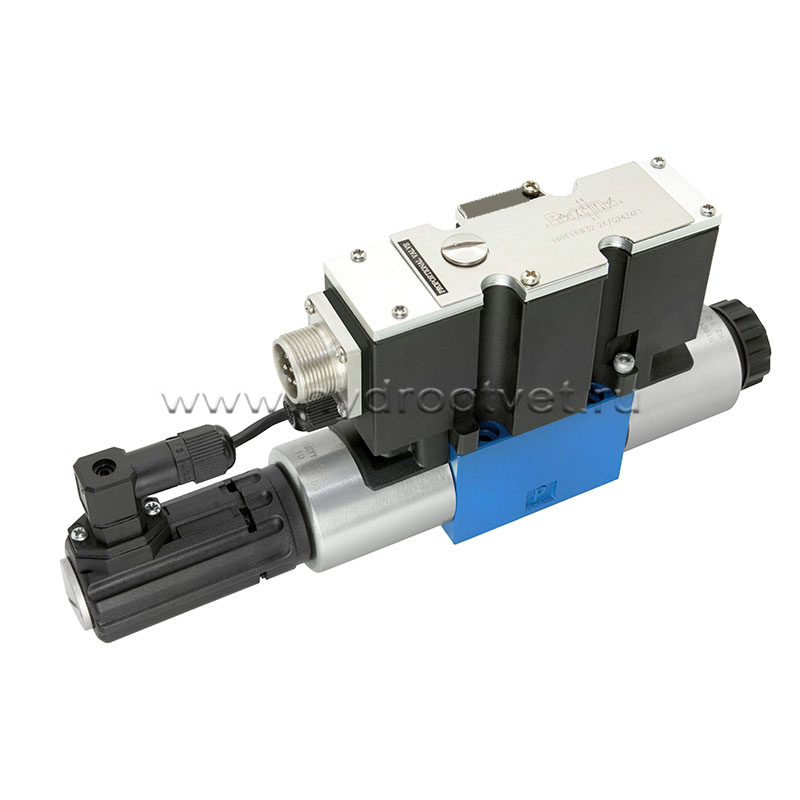 4WREE6E32-2X/G24K31/A1V - Пропорциональный распределитель с обратной связью по положению золотника со встроенным усилителем Ду6, A1 = ±10 В, номинальный расход 32 л/мин, схема E