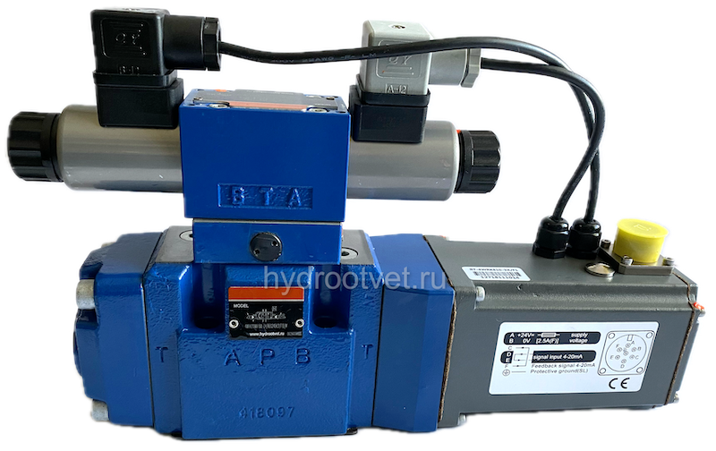 4WRKE10W6-100L-3X/6EG24ETK31/A1D3M - Пропорциональный распределитель с обратной связью по положению золотника и со встроенным усилителем (OBE), Ду10, A1 = ±10 В, номинальный расход 100 л/мин, схема W6-, каналы управления ET = X и Y - внутренние