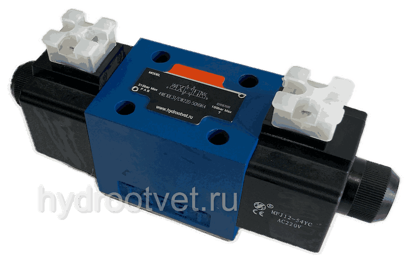 4WE10E31/CW220-50N9K4 - Гидрораспределитель золотниковый Ду 10 с электроуправлением W230, схема E (44), возврат - пружинный