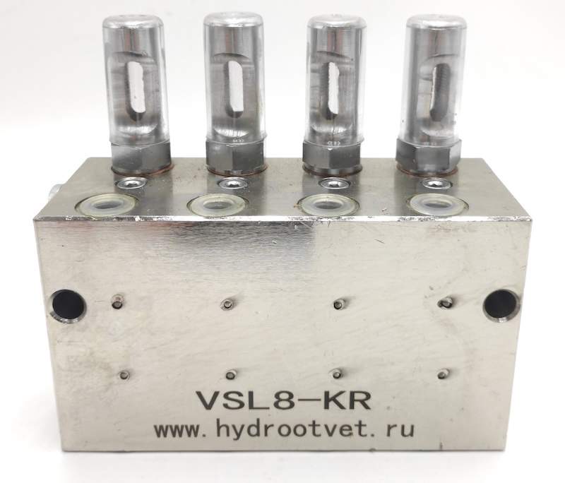 VSL4-KR - Питатель для двухлинейных систем смазки с рабочим давлением 400 бар, количество выходов 4, максимальная доза 5 мл/цикл, с регулятором и индикатором