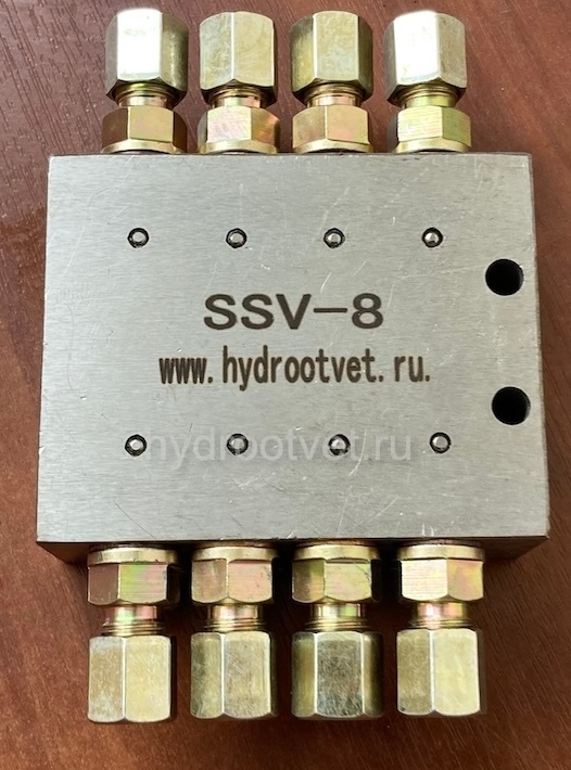 SSV-8 - Питатель для прогрессивных систем смазки с рабочим давлением 300 бар, количество выходов 8, максимальная доза 0,2 мл/цикл, без реле