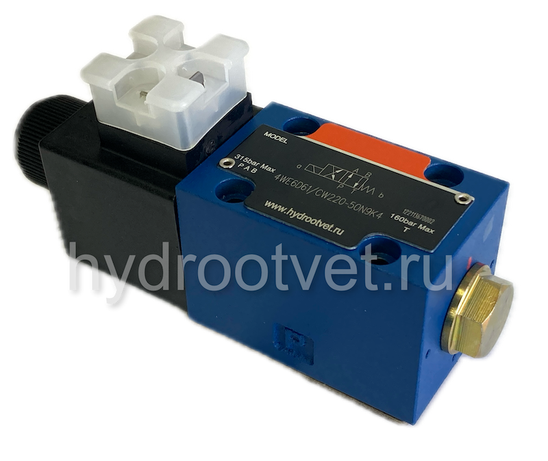 3WE6B61/CW220-50N9K4 - Гидрораспределитель золотниковый Ду 6 с электроуправлением, схема B (573Е), электроуправление W230, возврат - пружинный