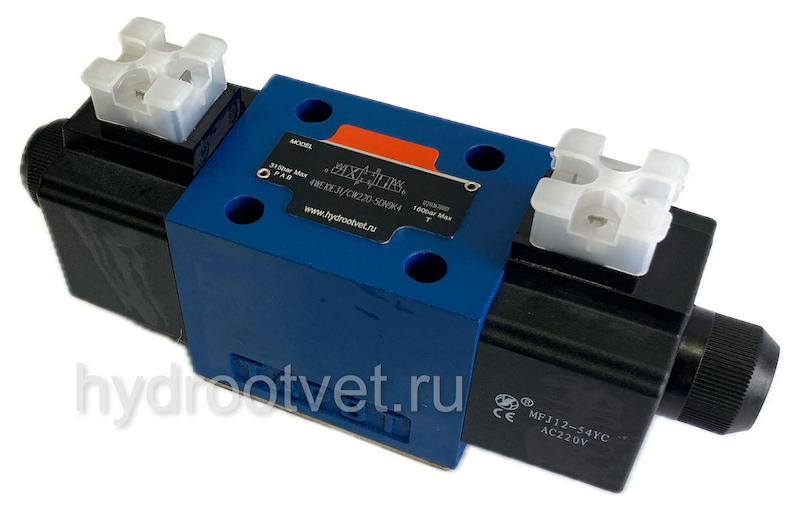 4WE10D31/OCW110-50N9K4 - Гидрораспределитель золотниковый Ду 10 с электроуправлением W110, схема D (574А/О), возврат - O = без пружины