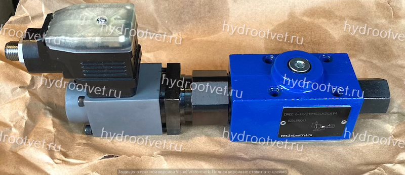 DREE6-1X/210MG24K24A1M - Пропорциональный редукционный клапан Ду6 со встроенным усилителем, сигнал A1 = 0-10В, давление регулировки до 210 бар, монтаж - на плиту