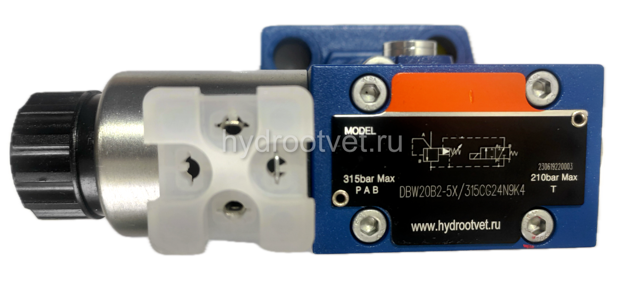 DBW20B2-5X/200YCW110-50N9K4 - Предохранительный клапан Ду25 с давлением настройки до 200 бар, управление - X и Y - внутренние с разгрузкой B = открыт с электроуправлением W110